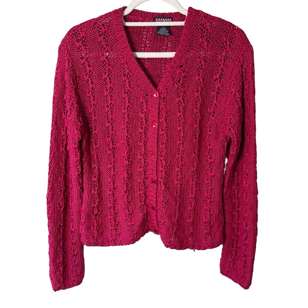 mac & jac Y2K Fuchsia Crochet Open Knit Cardigan Size L Lightweight Airy